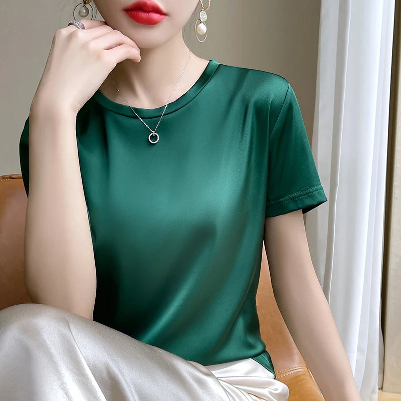 High Quality Satin Summer Short Sleeved T-shirt, Suitable For Loose Nound Necked Mulberry Silk T-Shirts Paired With Suit Tops