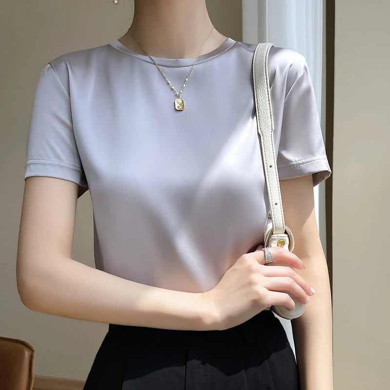 High Quality Satin Summer Short Sleeved T-shirt, Suitable For Loose Nound Necked Mulberry Silk T-Shirts Paired With Suit Tops