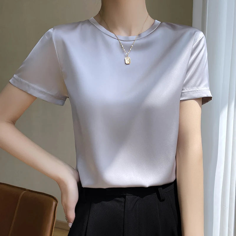 High Quality Satin Summer Short Sleeved T-shirt, Suitable For Loose Nound Necked Mulberry Silk T-Shirts Paired With Suit Tops